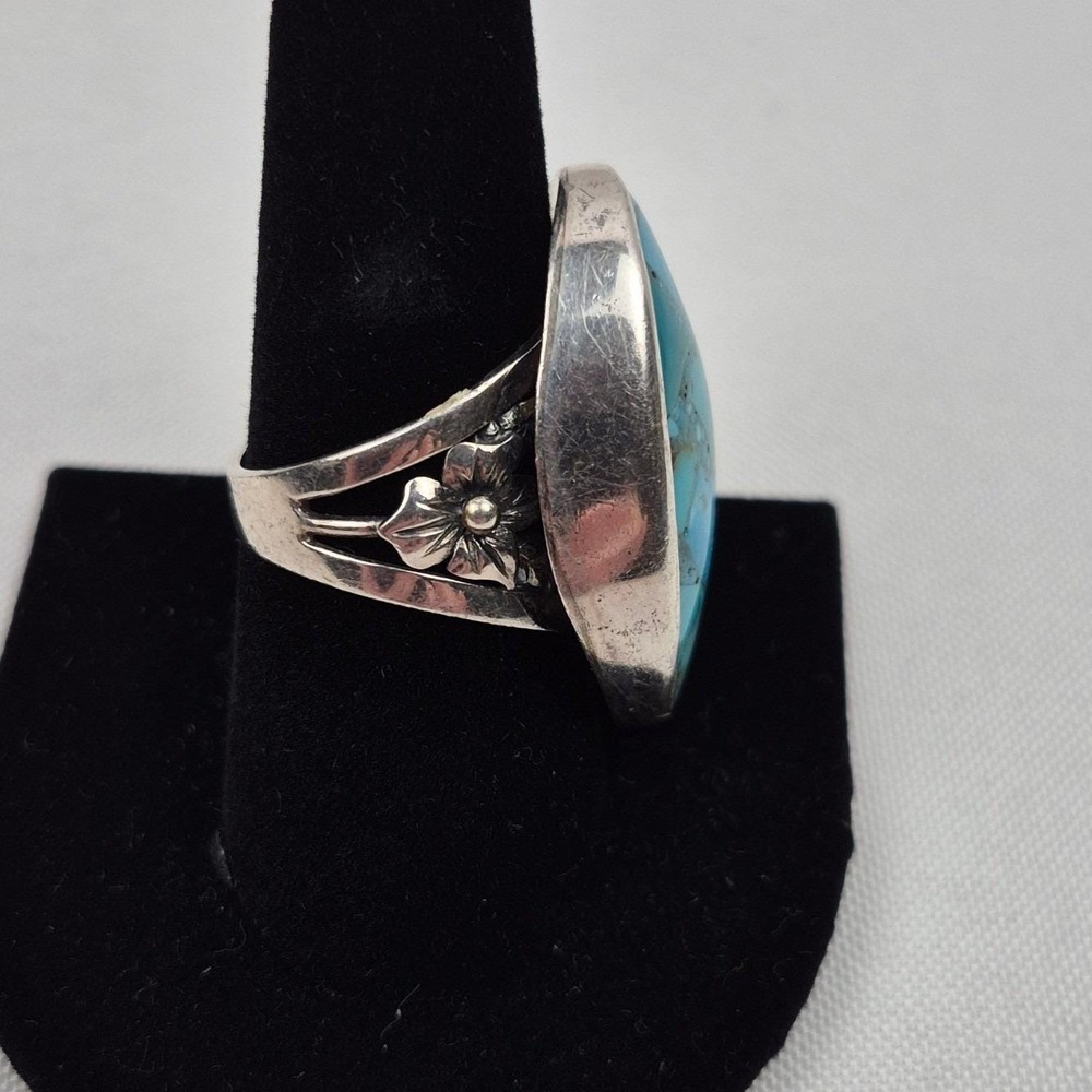 Sterling Silver Turquoise Ring Size 8.5 Statement Floral Scroll Boho 925 Signed - Picture 5 of 12